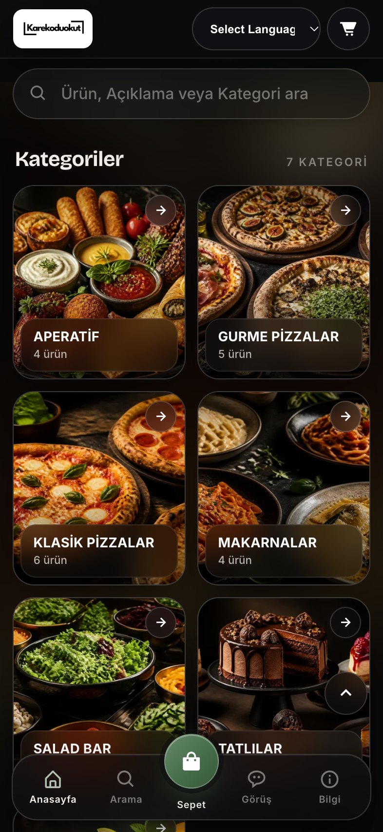QR menü: telefonda kategori ızgarası ile açılan dijital menü