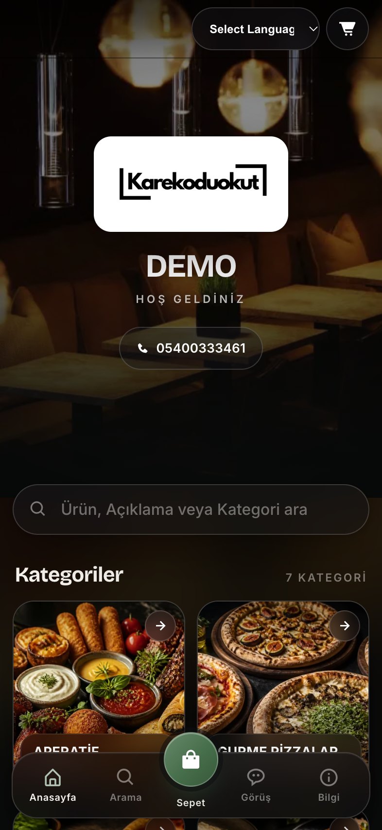 QR kod okutulunca telefonda açılan restoran QR menüsü