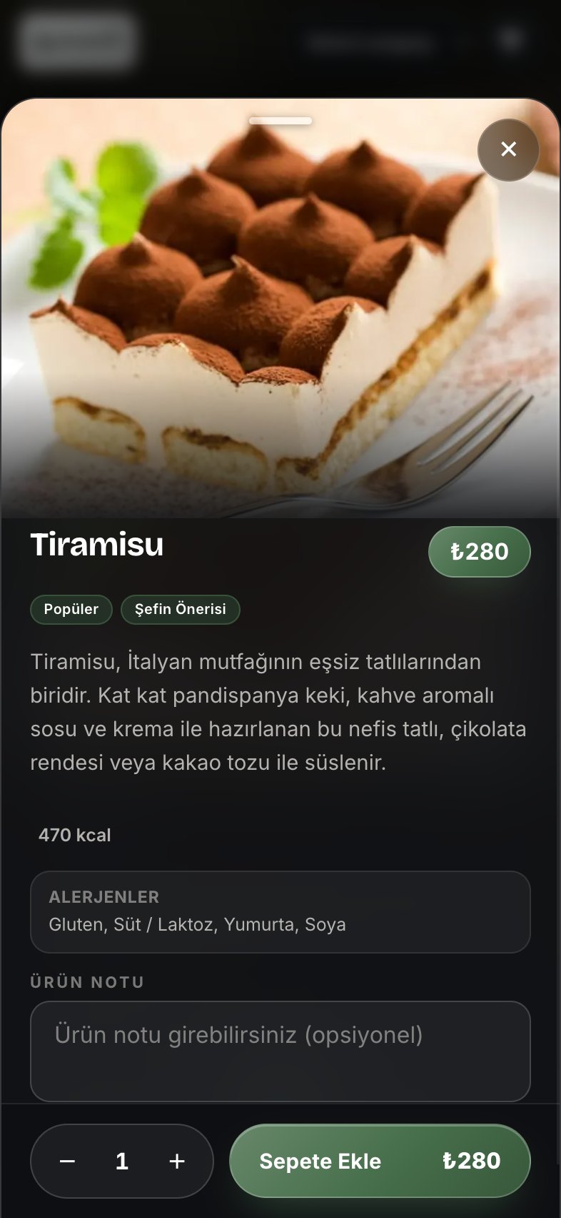 QR menüde ürün detay penceresi: görsel, açıklama, alerjen ve sepete ekle düğmesi