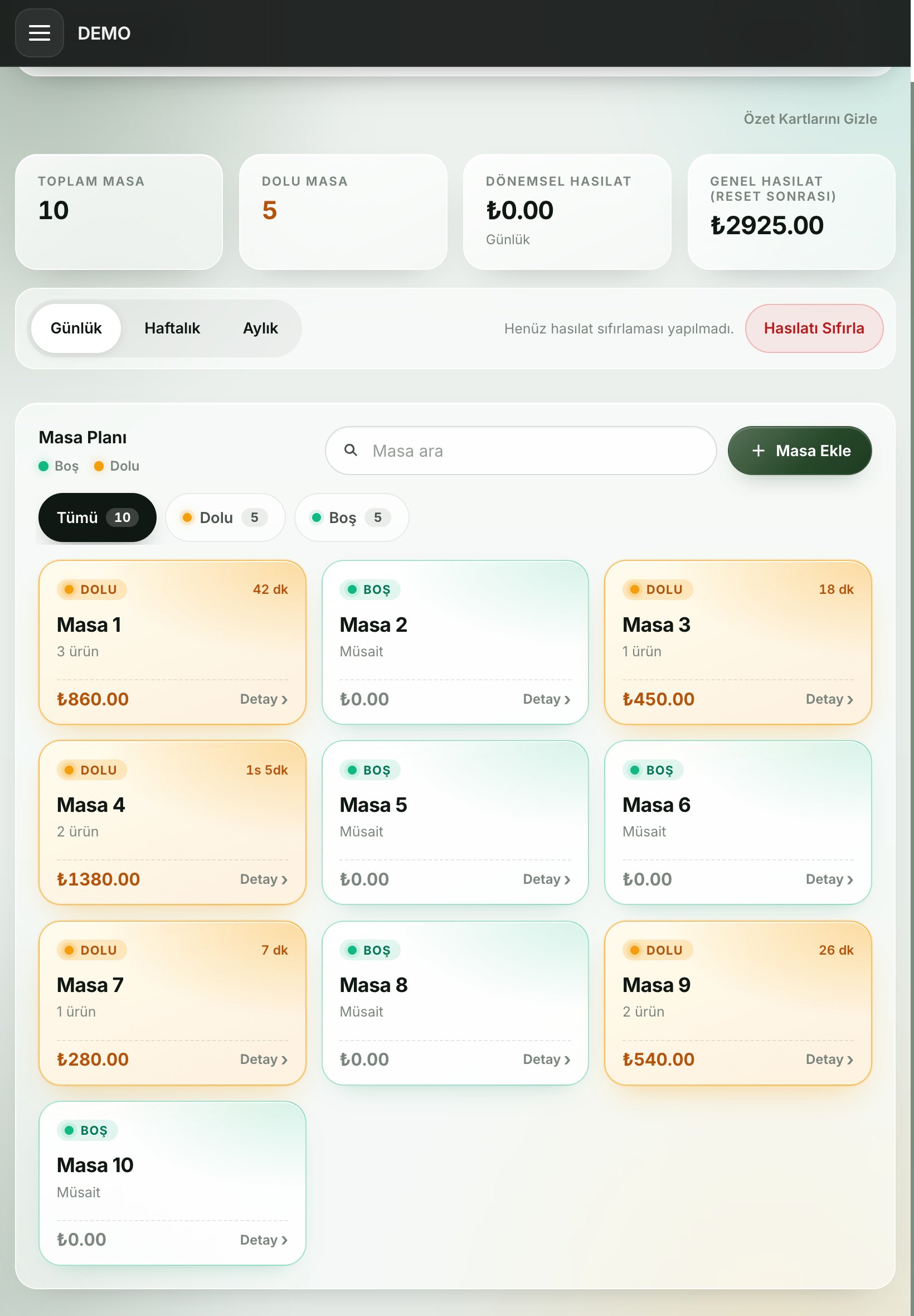 Tablette masa planı: boş ve dolu masalar renk kodlu kartlarda